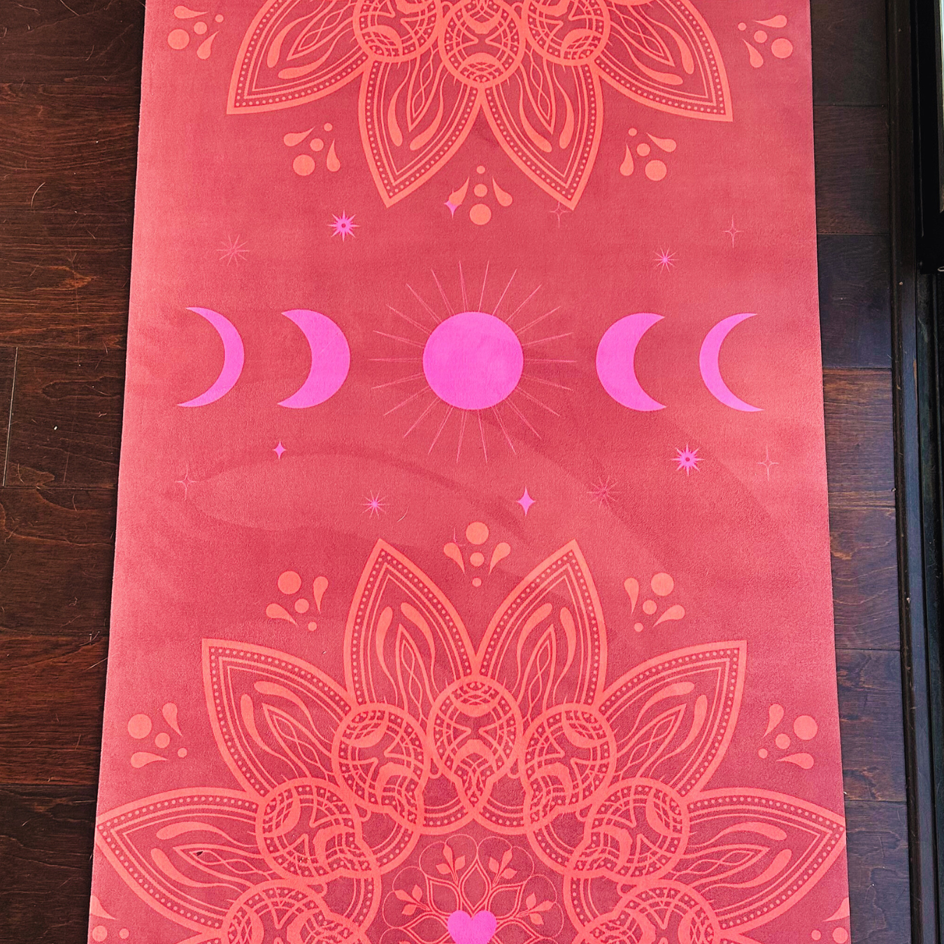 Yoga Mat - "Moonlit Flowers" in Scarlet with Mandala and Heart Design - Premium Quality