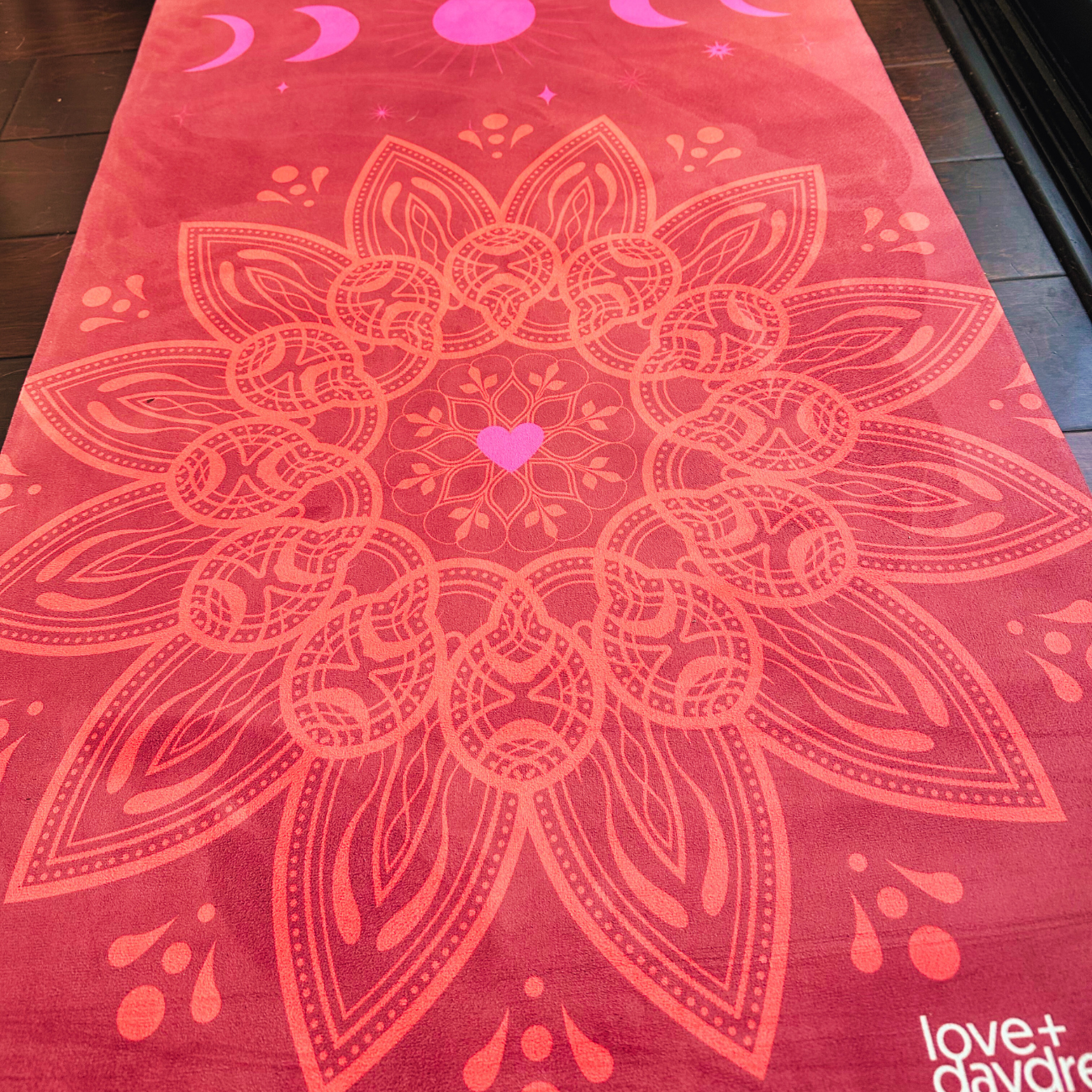 Yoga Mat - "Moonlit Flowers" in Scarlet with Mandala and Heart Design - Premium Quality