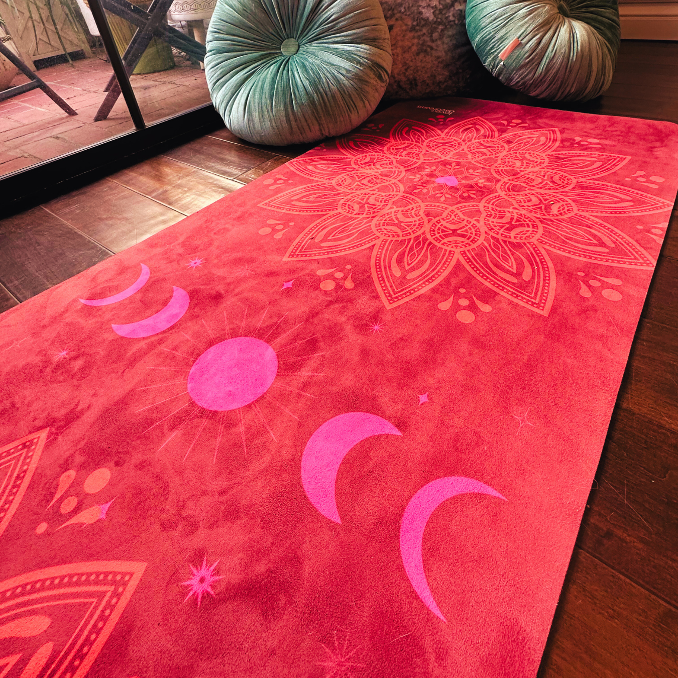 Yoga Mat - "Moonlit Flowers" in Scarlet with Mandala and Heart Design - Premium Quality