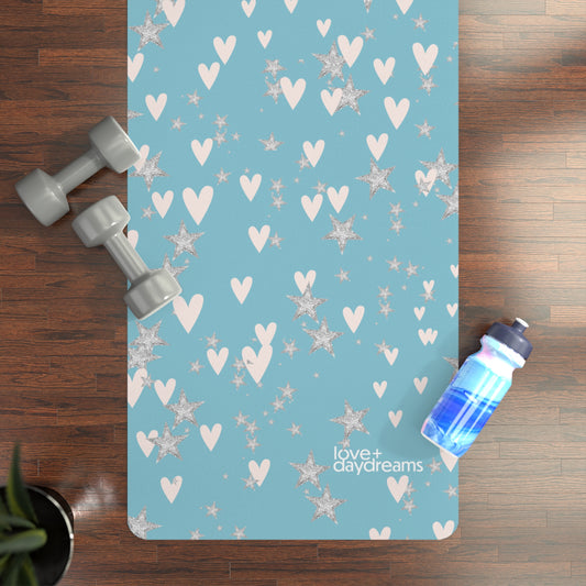 Yoga Mat, 'Hearts + Stars' Design in Powder, Premium, Customizable, Non-Slip, Extra Long, Studio or Home, Meditation Mat, Exercise Mat, Best Yoga Mat