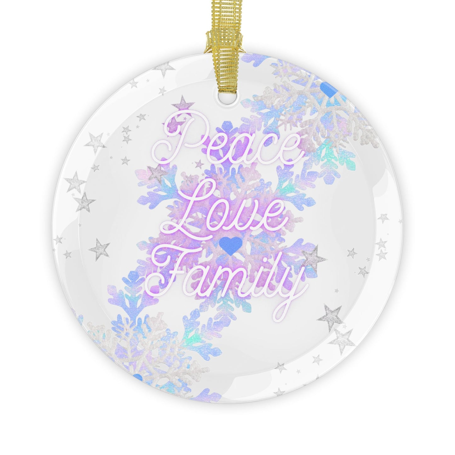 Glass Ornaments, 'Peace, Love, Family' Stars Snowflakes Decoration, Holiday Keepsake, Christmas Tree Bauble, Winter Home Decor, Festive Ornament