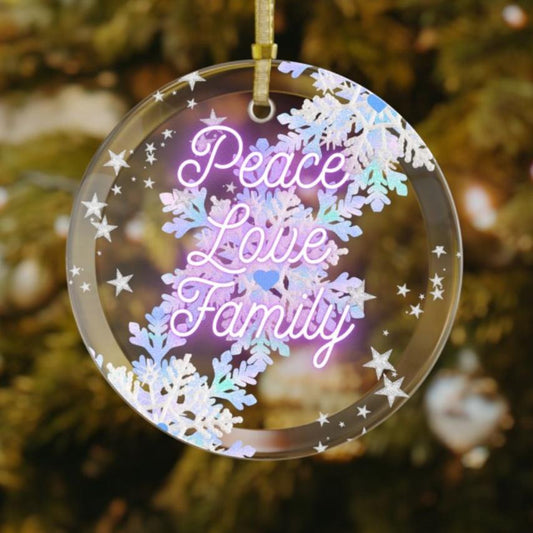 Glass Ornaments, 'Peace, Love, Family' Stars Snowflakes Decoration, Holiday Keepsake, Christmas Tree Bauble, Winter Home Decor, Festive Ornament