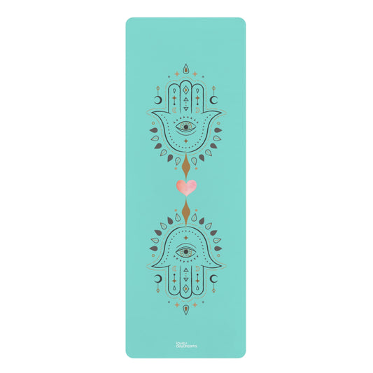 Yoga Mat, 'Sacred Flow' Design, Protective, Grippy Mat for Hot Yoga, Pilates, Presence, Peace. Premium Rubber Mat with Hamsas, Sacred