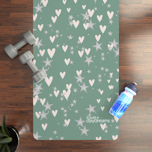 Yoga Mat, 'Hearts + Stars' Design in Fern, Premium, Customizable, Non-Slip, Extra Long, Studio or Home, Meditation Mat, Exercise Mat, Best Yoga Mat