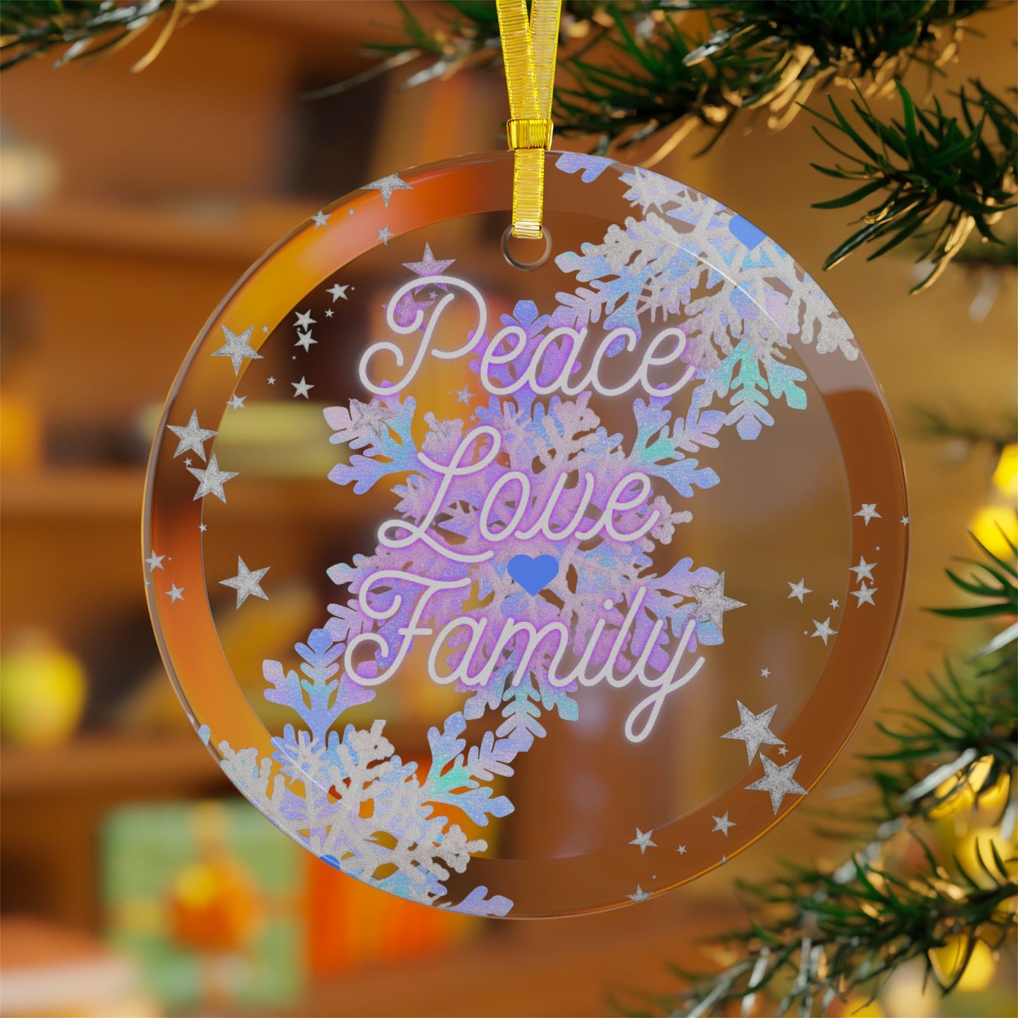 Glass Ornaments, 'Peace, Love, Family' Stars Snowflakes Decoration, Holiday Keepsake, Christmas Tree Bauble, Winter Home Decor, Festive Ornament