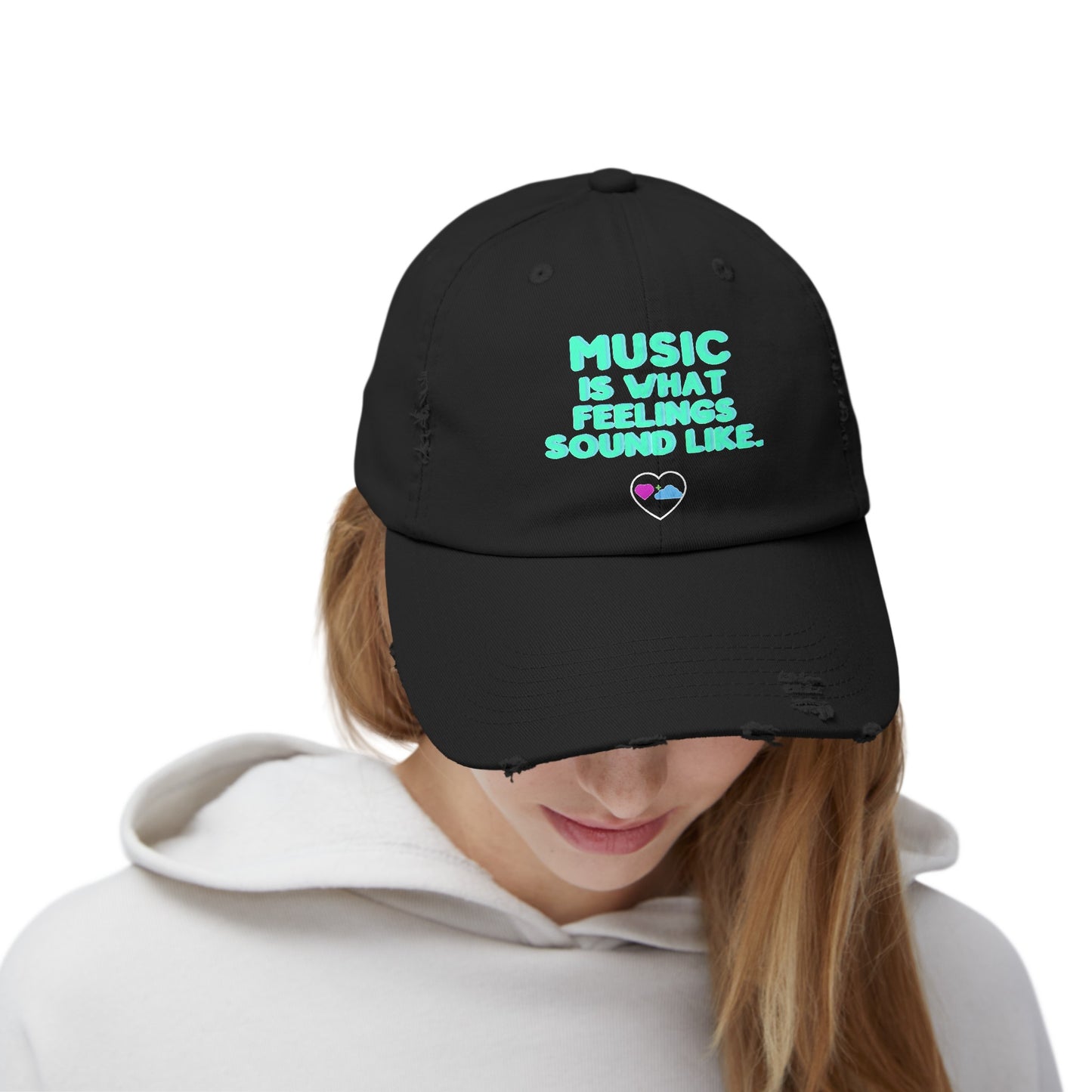 Unisex Distressed Cap | "Music is What Feelings Sound Like"