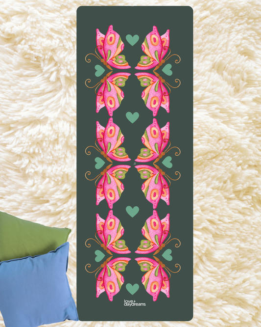 Yoga Mat - Premium Pink Wings Butterfly and Heart Design for Yoga, Pilates and Fitness