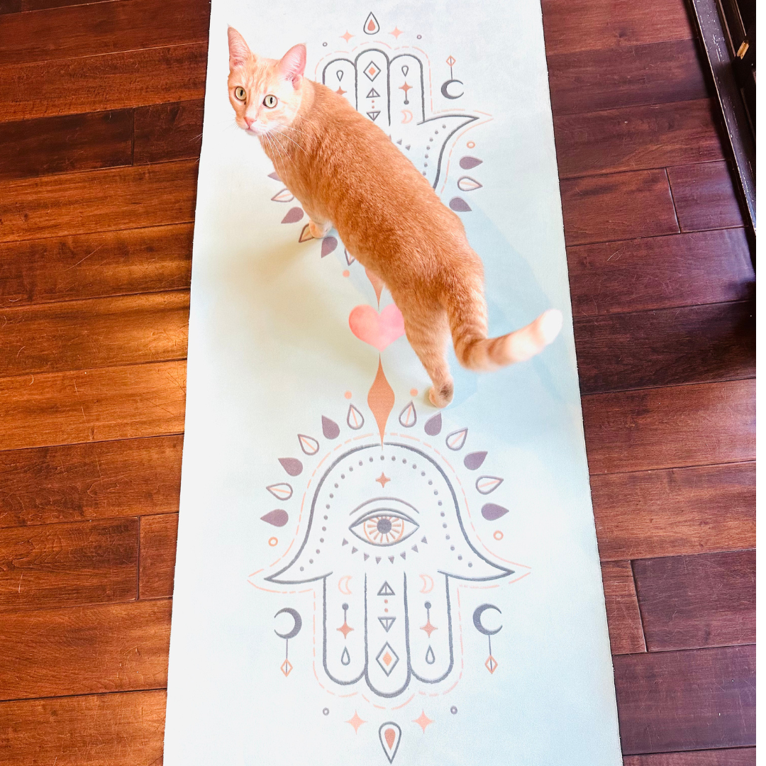 Yoga Mat, 'Sacred Flow' Design, Protective, Grippy Mat for Hot Yoga, Pilates, Presence, Peace. Premium Rubber Mat with Hamsas, Sacred