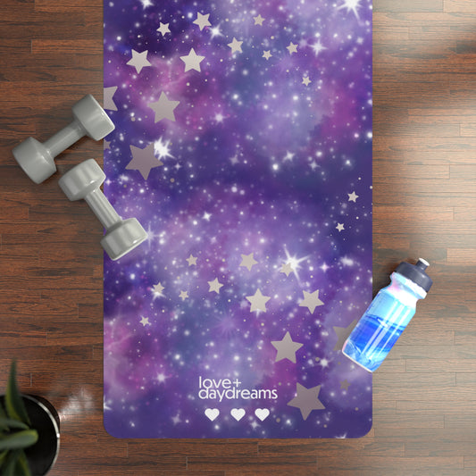 Purple Cosmic Stars Yoga Mat, Celestial Clouds Sparkle Workout Mat, Eco-Friendly Pilates Mat, Non-Slip Exercise Mat, Meditation