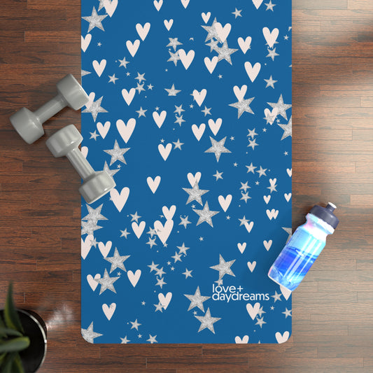 Yoga Mat, 'Hearts + Stars' Design in Blueberry, Customizable, Premium, Non-Slip, Extra Long, Studio or Home, Meditation Mat, Exercise Mat, Best Yoga Mat