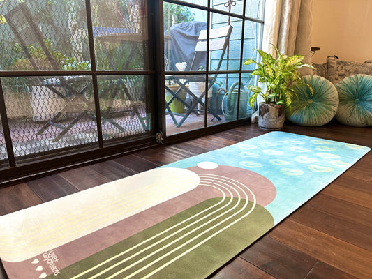Yoga Mat - 'Sunrise Moon' Premium Pilates and Yoga mat with Sun, Modern Rainbow and Heart Design